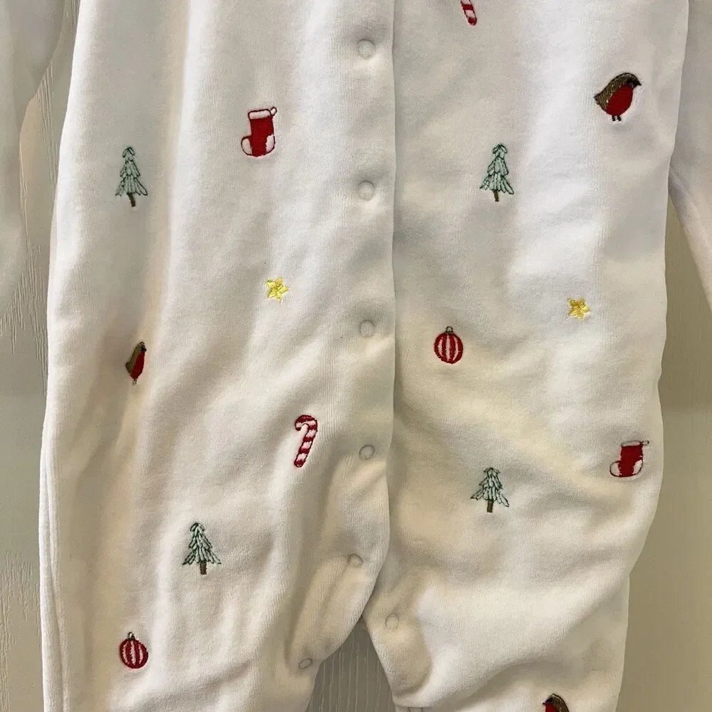 JoJo Maman Bébé White Velour Christmas Embroidered Footie Girls SZ 12-18 Months